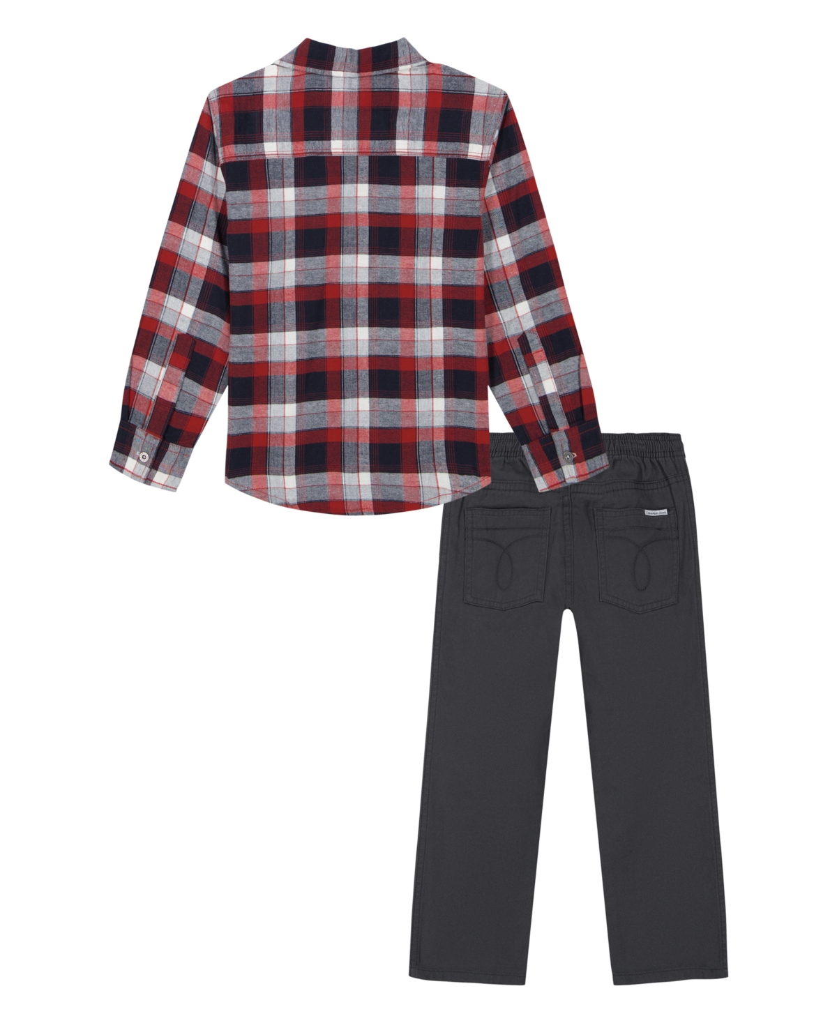 Calvin Klein Little Boys Long Short Sleeve Plaid Button-front Shirt Prewashed Twill Pants 2-piece Set In Red Plaid,wolf Gray
