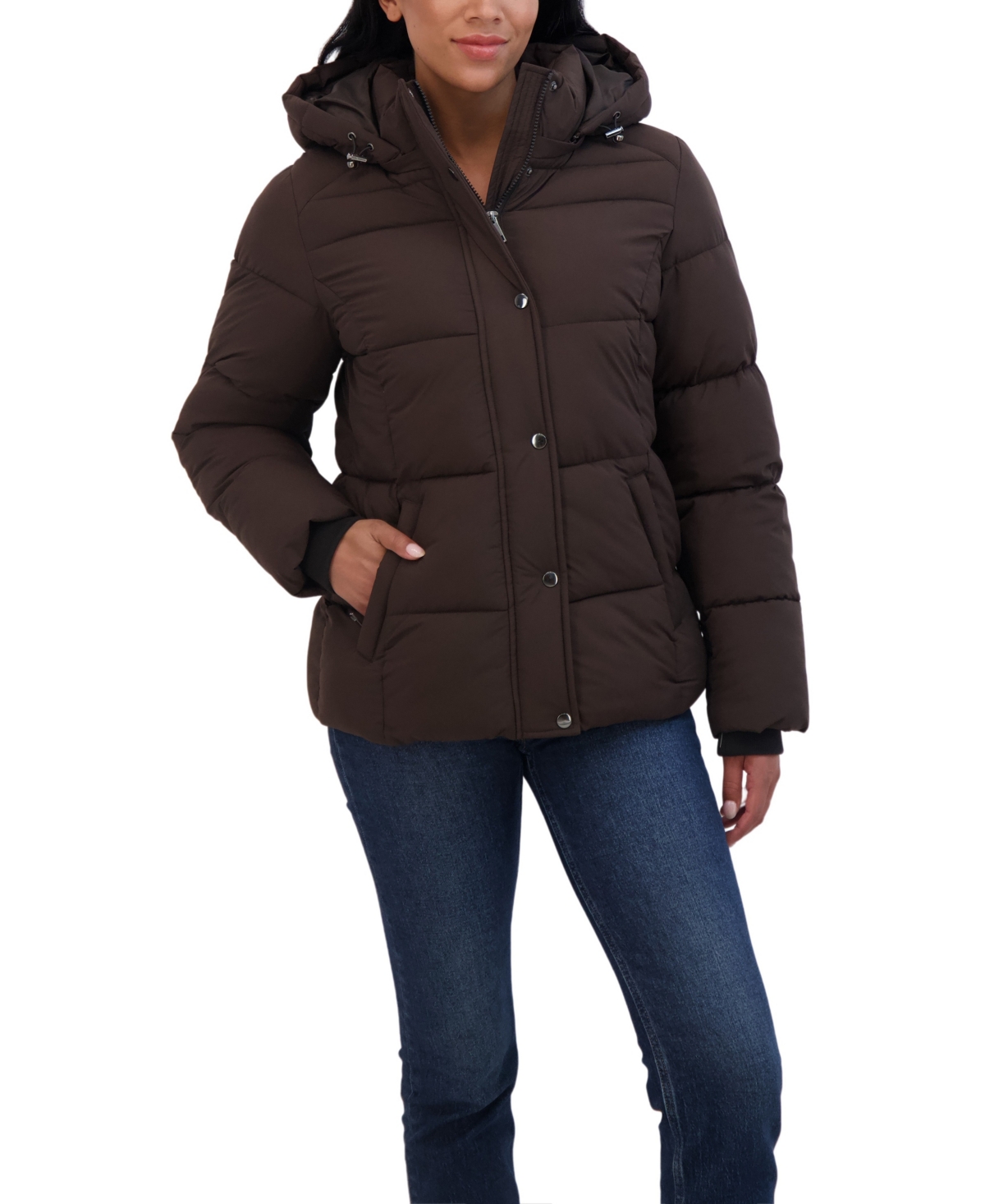 Women's Short Hooded Stretch Puffer Jacket - Burgundy
