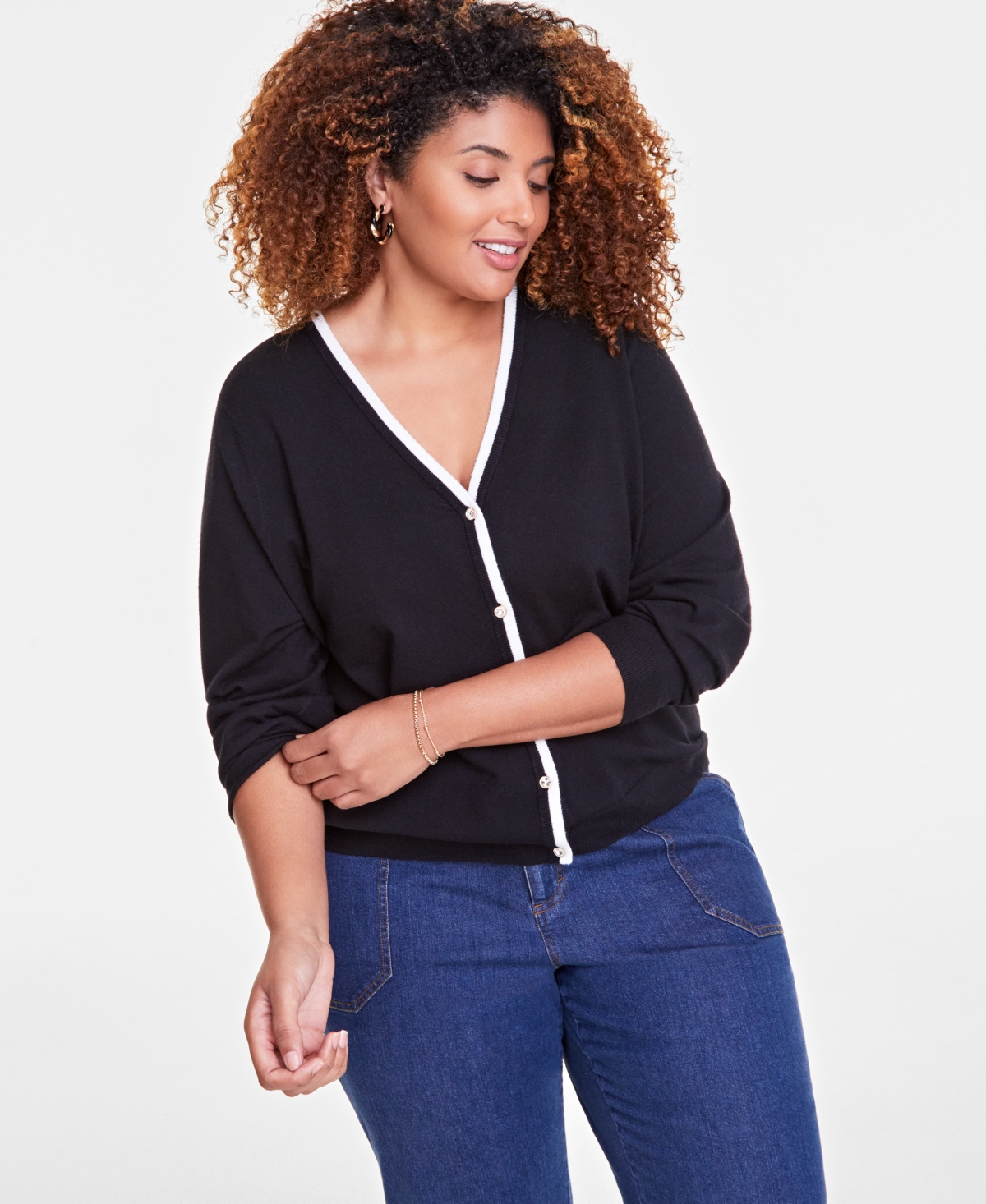 On 34th Plus Size Rhinestone-Button V-Neck Cardigan, Created for Macy's