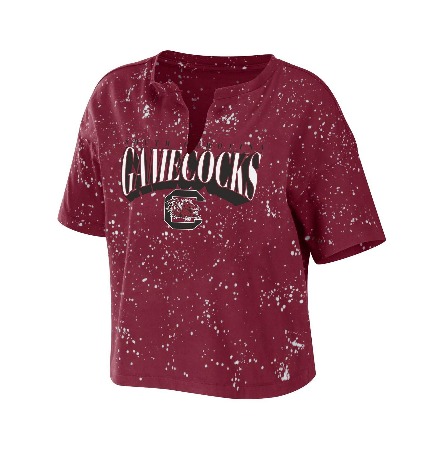 Женская футболка WEAR by Erin Andrews Garnet South Carolina Gamecocks Bleach Wash Splatter Cropped Notch Neck — фото 3