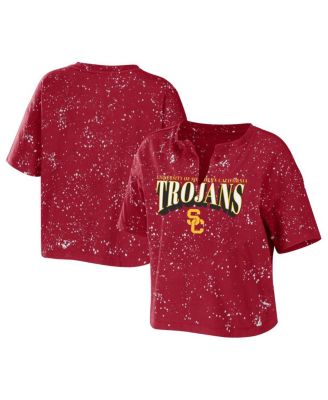 Women's Cardinal USC Trojans Bleach Wash Splatter Cropped Notch Neck T-Shirt