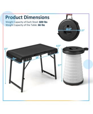 3 Pieces Folding Camping Table Stool Set with 2 Retractable LED Stools