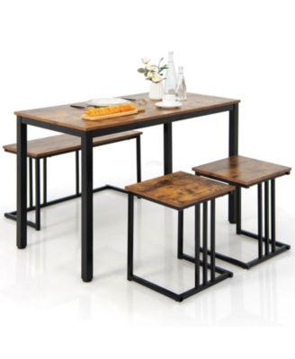 4 Pieces Space-Saving Dining Table Set with Bench and 2 Stools