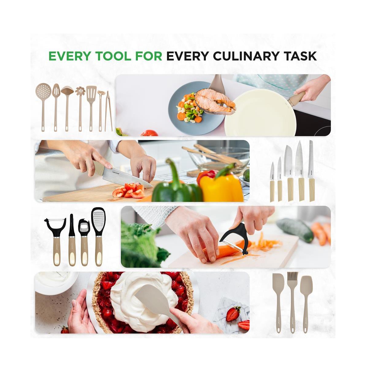 NutriChef 54 Pcs. Home Kitchen Cookware, Kitchen Tools, and Bakeware Set - High-Quality Ceramic Kitchenware Pots and Pans (Taupe - Brown