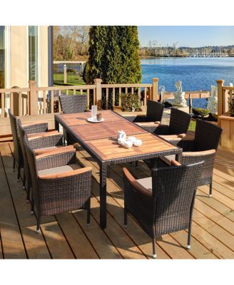 9 Pieces Rattan Dining Set with Acacia Wood Table and Stackable Cushioned Chairs
