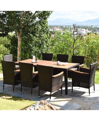 9 Pieces Rattan Dining Set with Acacia Wood Table and Stackable Cushioned Chairs