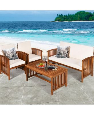 SUGIFT 4 Pieces Patio Solid Wood Furniture Set with Water Resistant Cushions