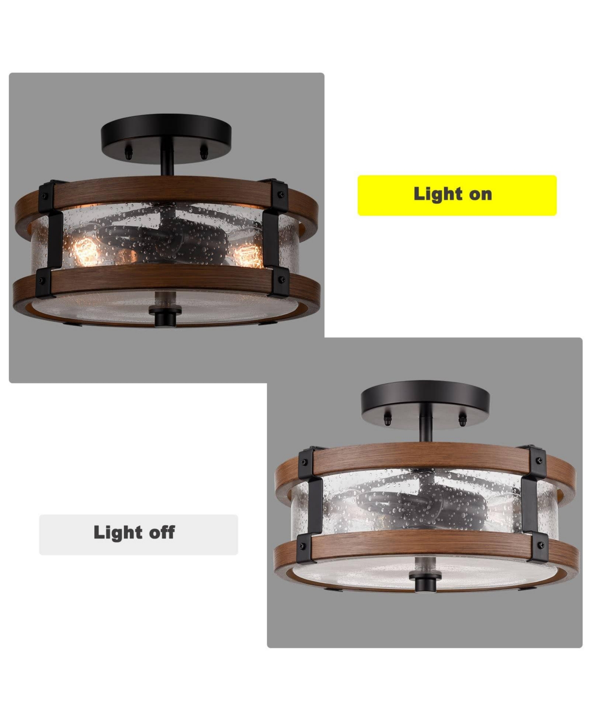 Moose 2-Light Farmhouse Wood Grain Paint withMetal Semi Flush Mount Ceiling Light with Seeded Glass - Black