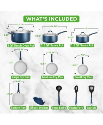 14-Piece Navy Blue Cookware Set - Durable Non-Stick Pots and Pans Set with Lids & Utensils, Compatible with All Cooktops