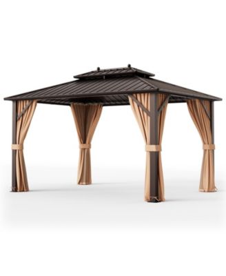 10x13ft Double-Roof Patio Hardtop Gazebo with Galvanized Steel Roof Netting and Curtains-Coffee
