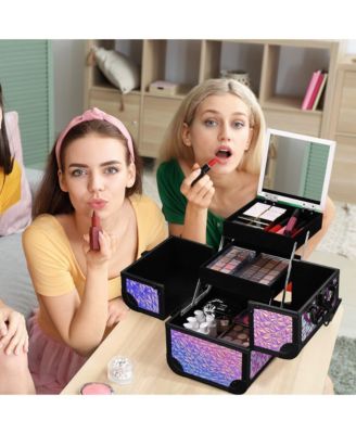 Makeup Train Case Cosmetic Organizer w/ Mirror Mermaid Pink Artist