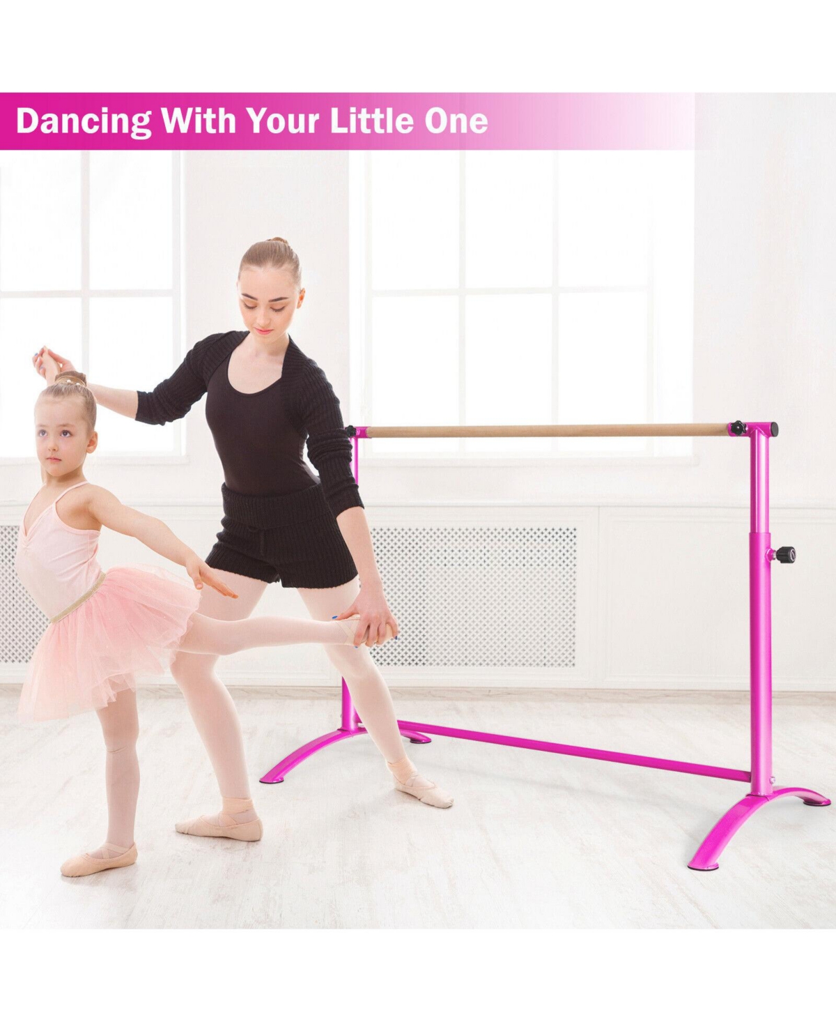 Sugift 51 Inch Ballet Barre Bar with 4-Position Adjustable Height-Pink