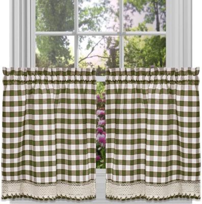 2 Piece Country Farmhouse Buffalo Plaid Rod Pocket Cafe Tier Curtain Panels With Macrame Border