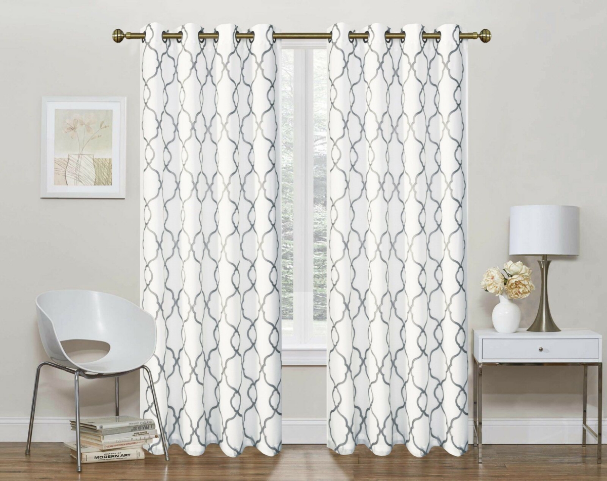 Kate Aurora 2 Pack Geo Trellis Double Layered Sheer Embroidered Grommet Curtains -gray