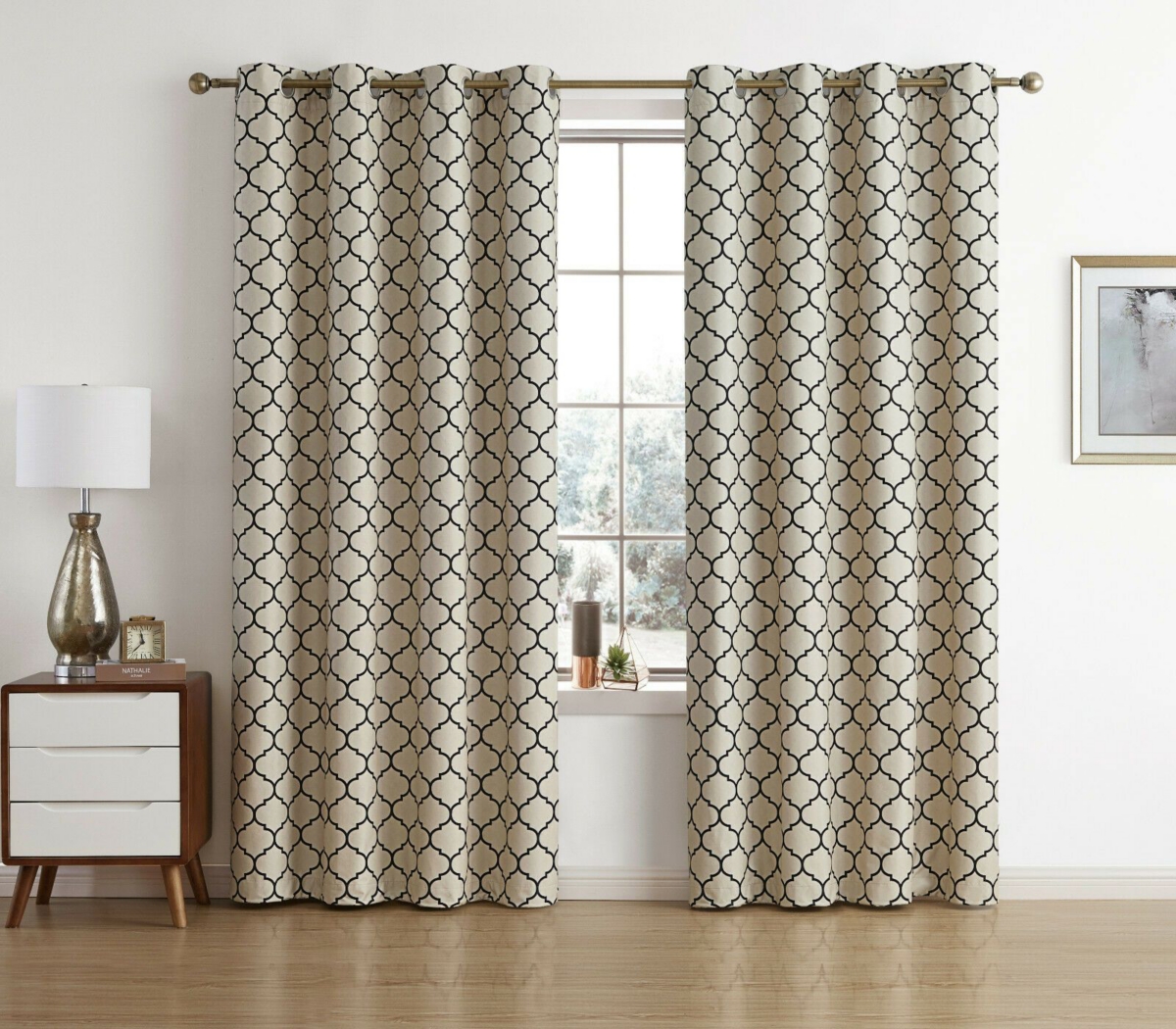 Kate Aurora Chic Living 100% Max Blackout Trellis Clover Thermal Curtains - 52 in. W x 63 in. L, White