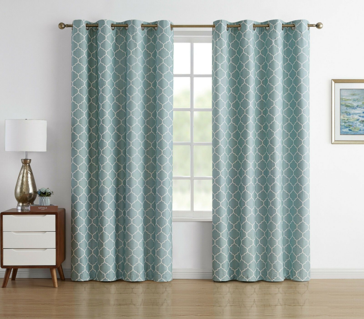 Kate Aurora Chic Living 100% Max Blackout Trellis Clover Thermal Curtains - 52 in. W x 63 in. L, White - Blue