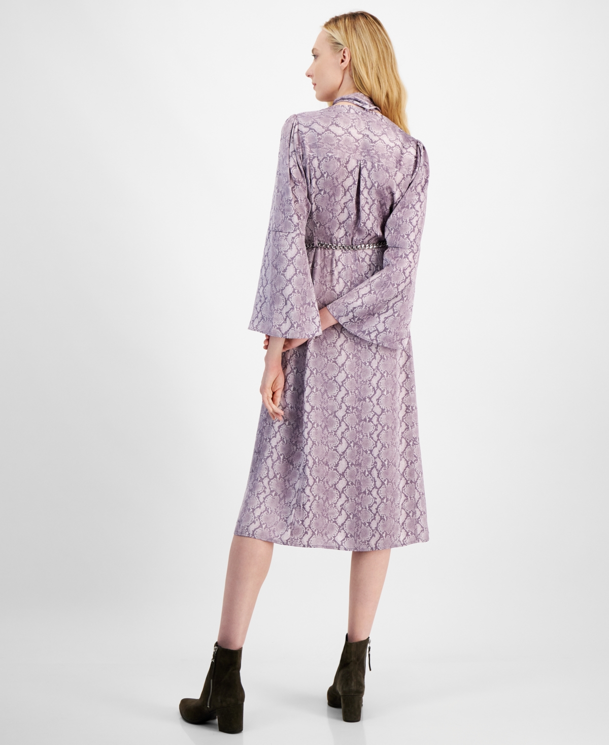 Michael Kors Women's Snake-Print Bell-Sleeve Midi Dress with Chain Belt