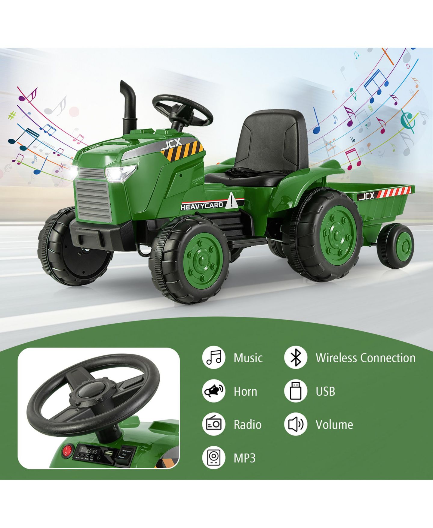 Детская игрушка Gymax 2-in-1 Electric Tractor with Trailer Remote Control Ride-On, 66 lbs. Capacity, Ages 3+, цвет: Чёрный — фото 4