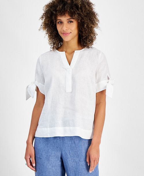 alfani Charter Club Women's 100% Linen Split-Neck Tie-Cuff Top Created for Macy's Women's Fashion Shoes & Accessories