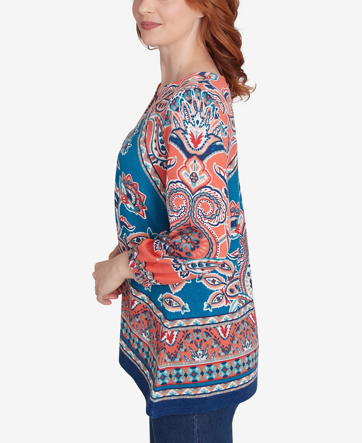 RUBY RD. PETITE EMBELLISHED SPLIT NECK BAROQUE MOTIF PRINTED HATCHI KNIT TOP WITH BALLOON SLEEVES 