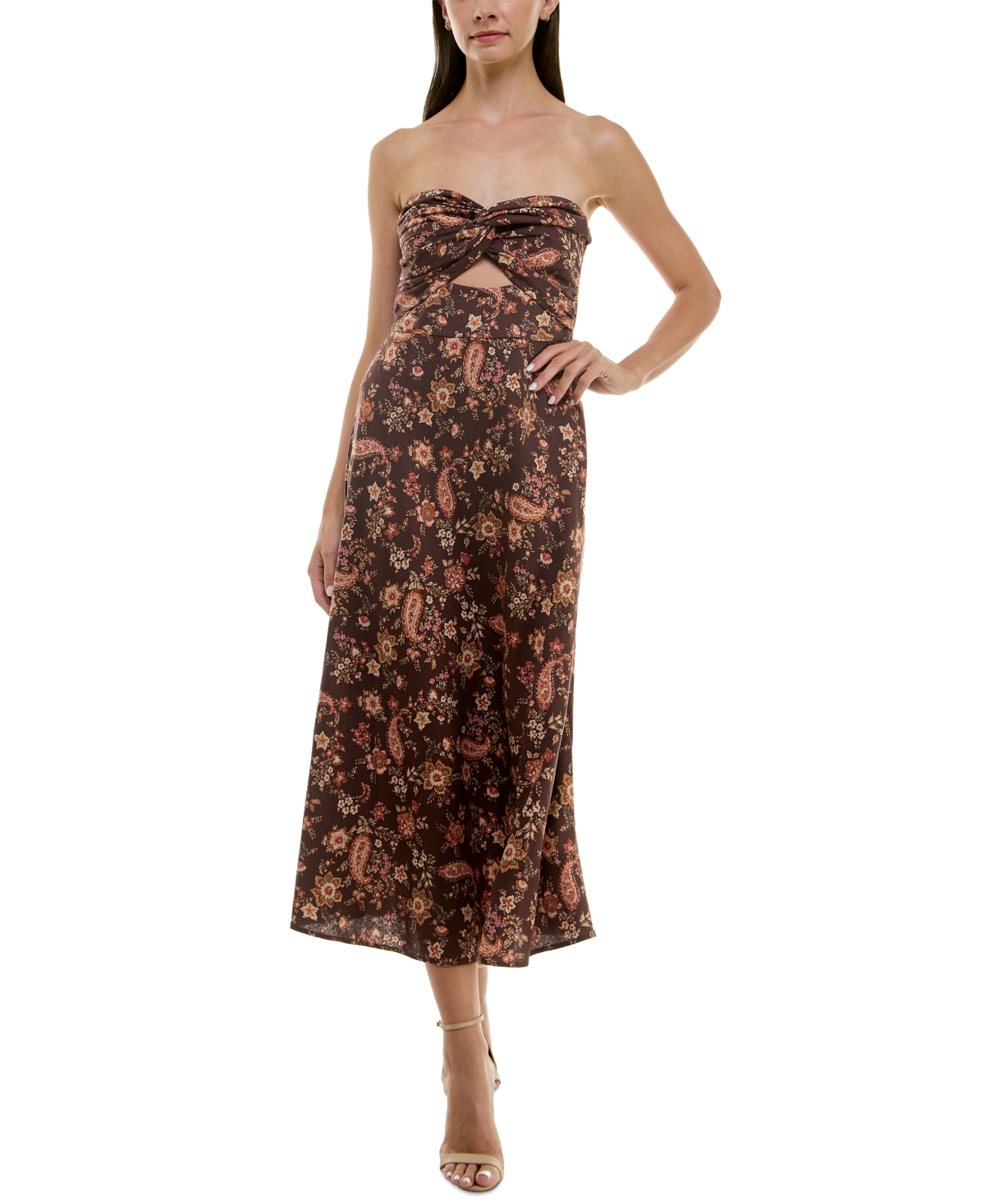 Trixxi Juniors' Paisley-Print Strapless Keyhole Smocked-Back Midi Dress