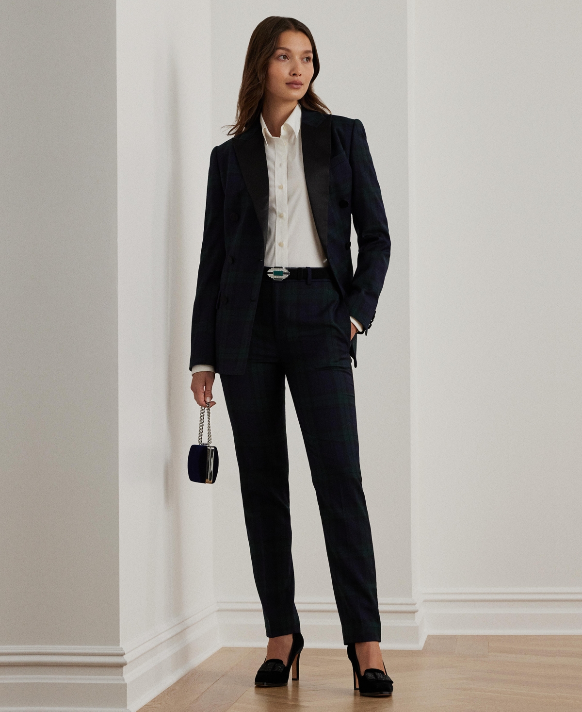 Lauren Ralph Lauren Women's Plaid Double-Breasted Satin-Trim Blazer, Regular & Petite -Navy/Black