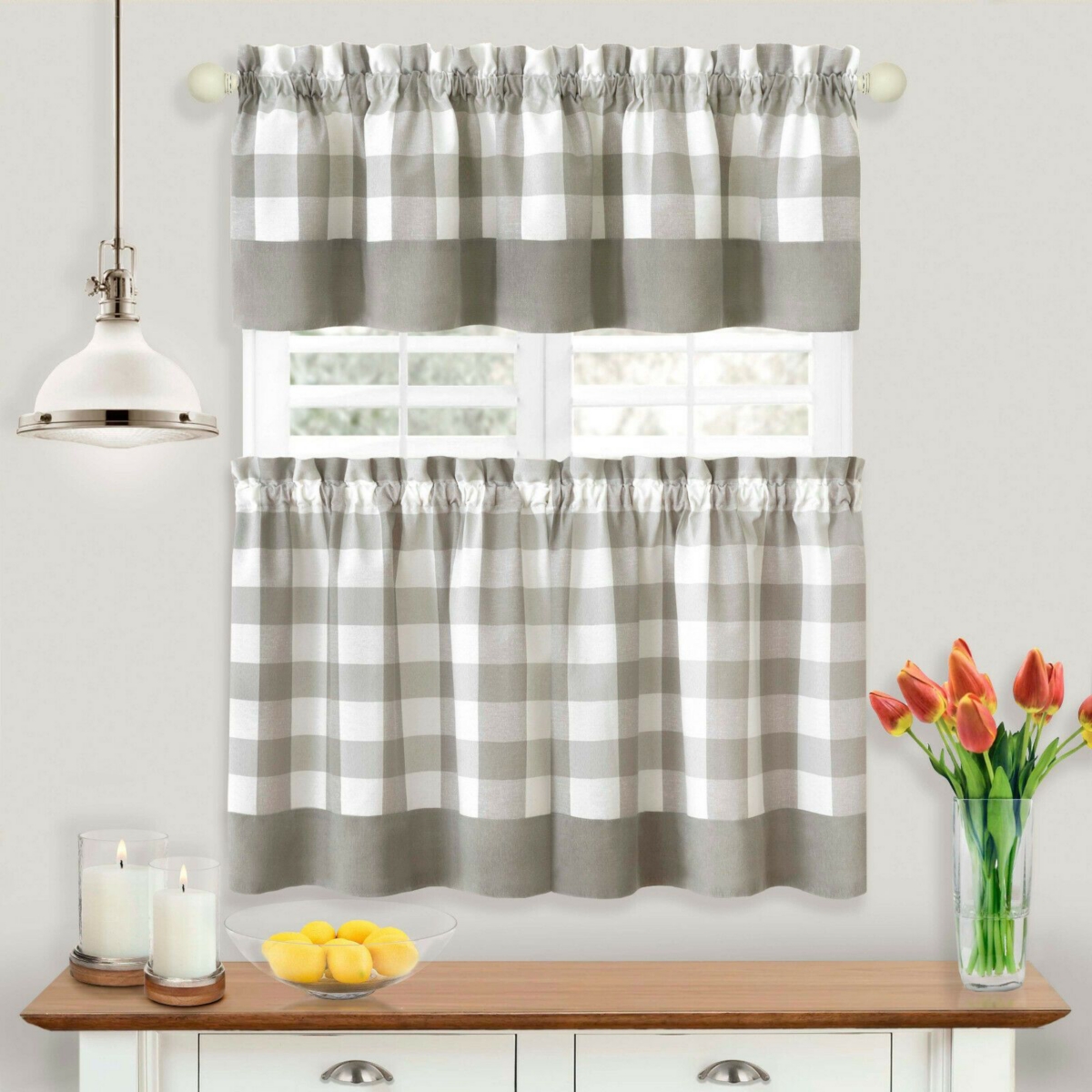 Kate Aurora Modern Country Farmhouse 3 Piece Plaid Checkered Cafe Kitchen Curtain Tier & Valance Set - in - Black