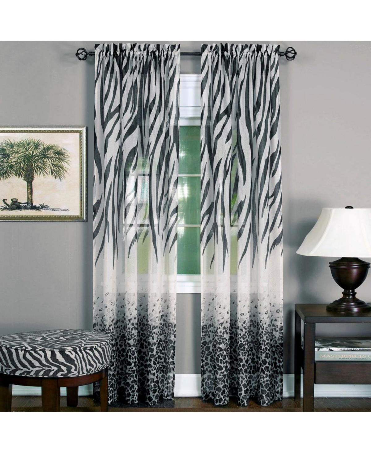 2 Piece Safari Themed Animal Print Rod Pocket Sheer Window Curtain Panels - 84 in. Long - Brown - Brown