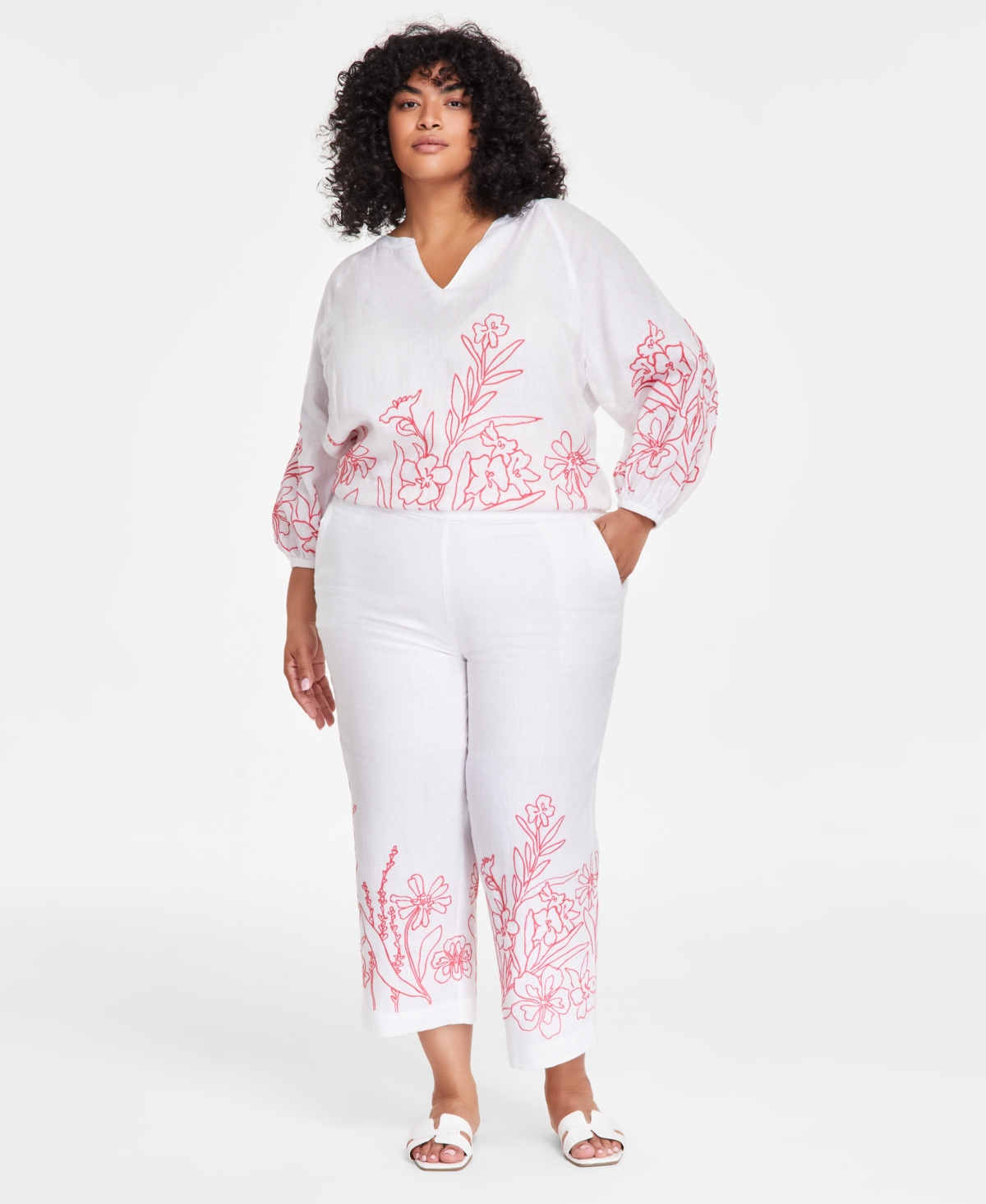 CHARTER CLUB PLUS SIZE 100% LINEN EMBROIDERED CROPPED PANTS, EXCLUSIVELY AT MACY'S 