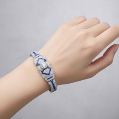 White gold Plated Clear Round and Blue Baguette Cubic Zirconia Link Bracelet