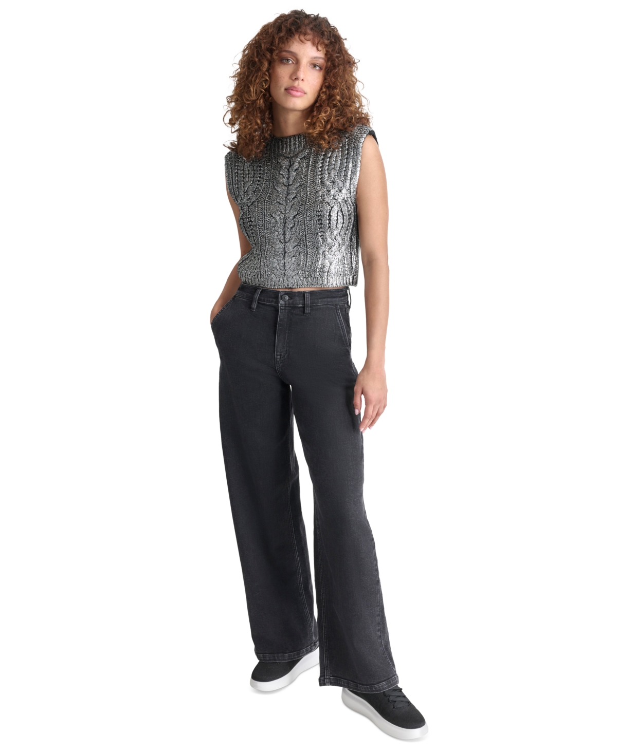 Dkny Jeans Women's Foiled Knit Cropped Sweater Vest - 046 BSV - BLACK/SILVER