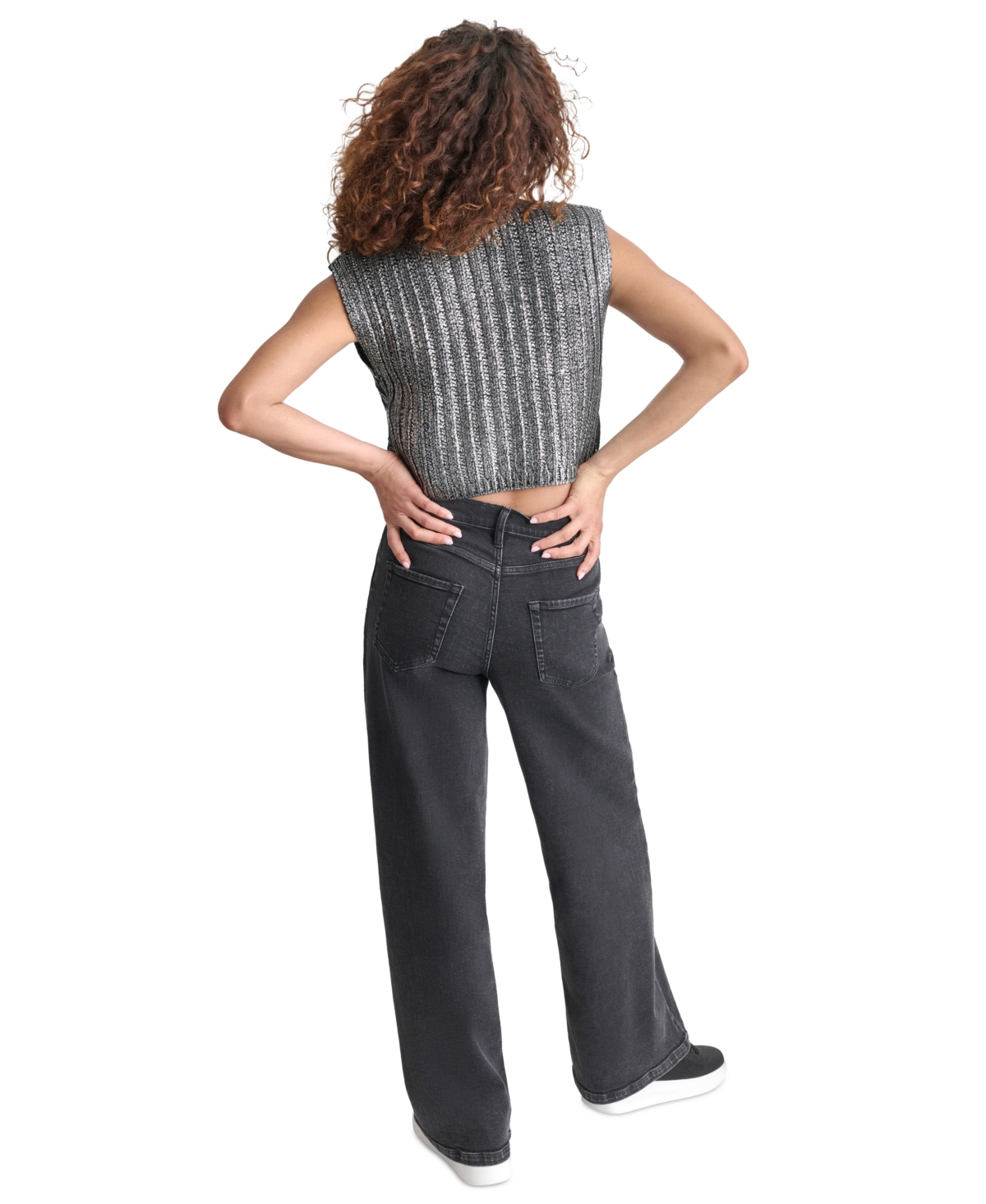 Dkny Jeans Women's Foiled Knit Cropped Sweater Vest - 046 BSV - BLACK/SILVER