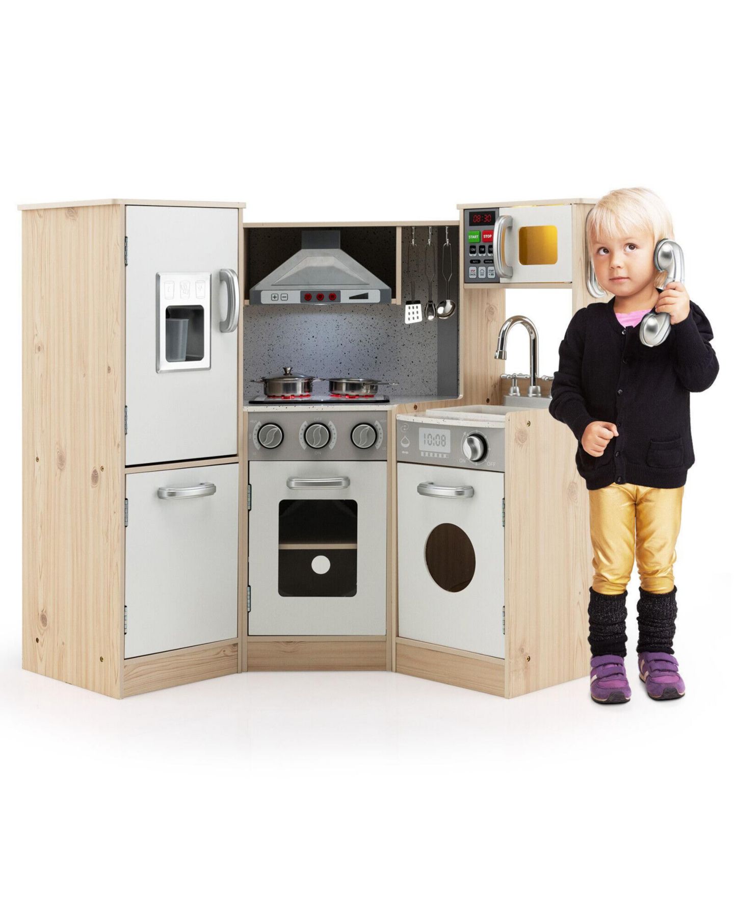 Детский игровой набор SUGIFT Kids Corner Wooden Kitchen Playset with Cookware Accessories, L-Shape Pretend Play Chef Station for Toddlers — фото 6