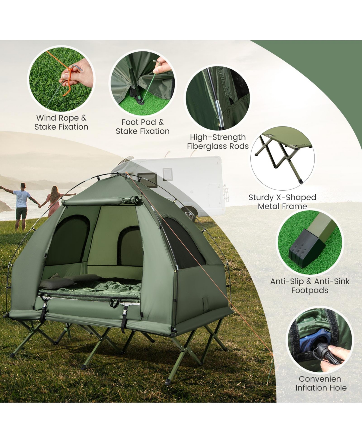 Sugift 5-in-1 2-Person Foldable Outdoor Camping Tent Cot with Air Mattress and Sleeping Bag