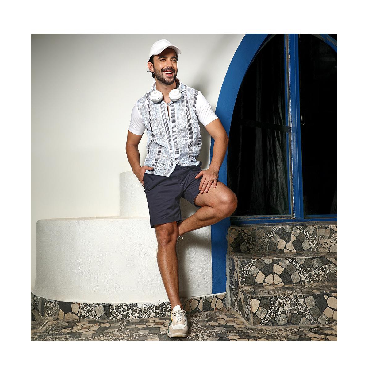 Men's Sky Blue & Midnight Black Fish Eye Ethnic Shirt