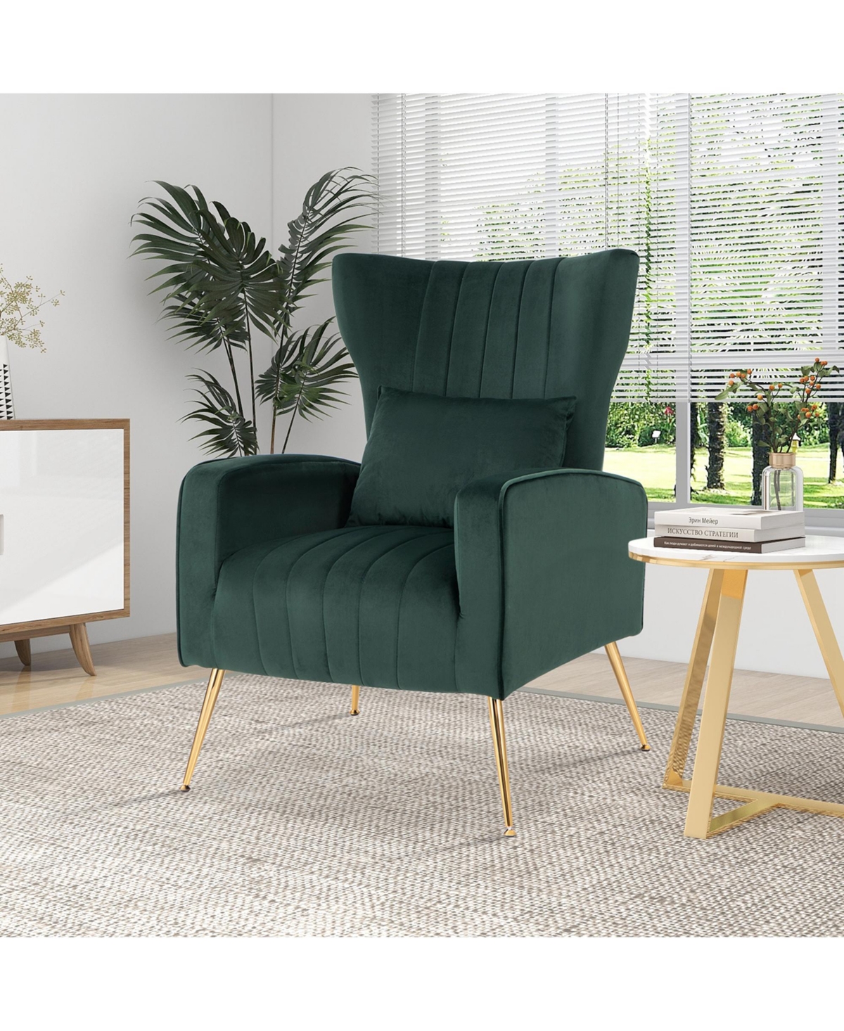 Costway Velvet Upholstered Wingback Chair with Lumbar Pillow & Golden Metal Legs