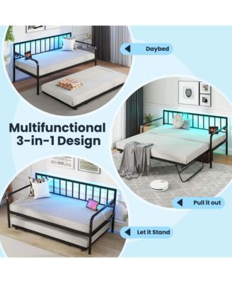 Twin Daybed Adjustable Sofa Bed Frame with Charging Station & LED Lights