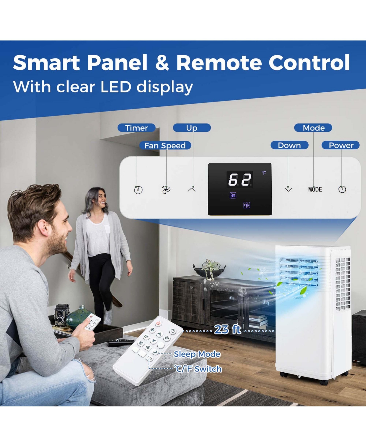 Costway Portable Air Conditioner 8000 Btu 1 Ac Unit with Fan & Dehumidifier Sleep Mode