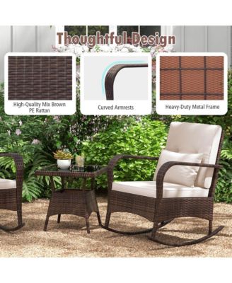 3 PCS Rocking Bistro Set with Removable Cushions & Tempered Glass Top Coffee Table