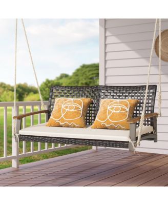 2-Person Patio Rattan Hanging Swing Chair Porch Loveseat Cushion Off White