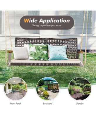 2-Person Patio Rattan Hanging Swing Chair Porch Loveseat Cushion Off White