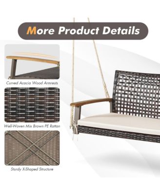 2-Person Patio Rattan Hanging Swing Chair Porch Loveseat Cushion Off White