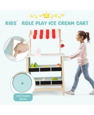 Kids Ice Cream Cart Wooden Toddler Farmers Market Stand W/ Chalkboard & Storage