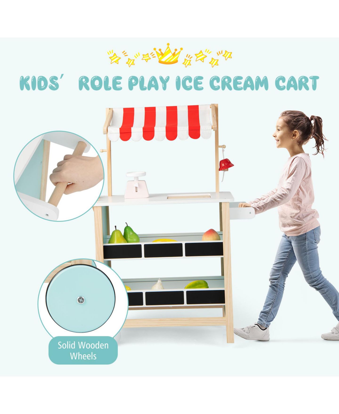 Детские игрушки Costway Ice Cream Cart Wooden Chalkboard 8-Piece Play Stand, Ages 3+, цвет: Assorted Pre-Pack — фото 10