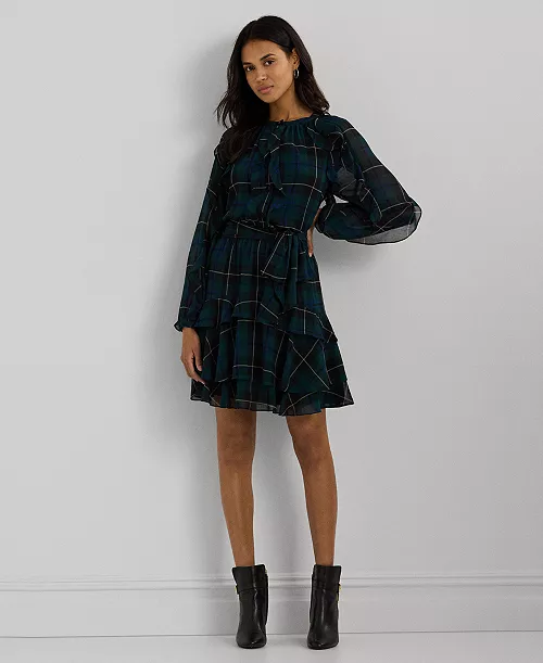 women's plaid ruffle-trim georgette tiered dress