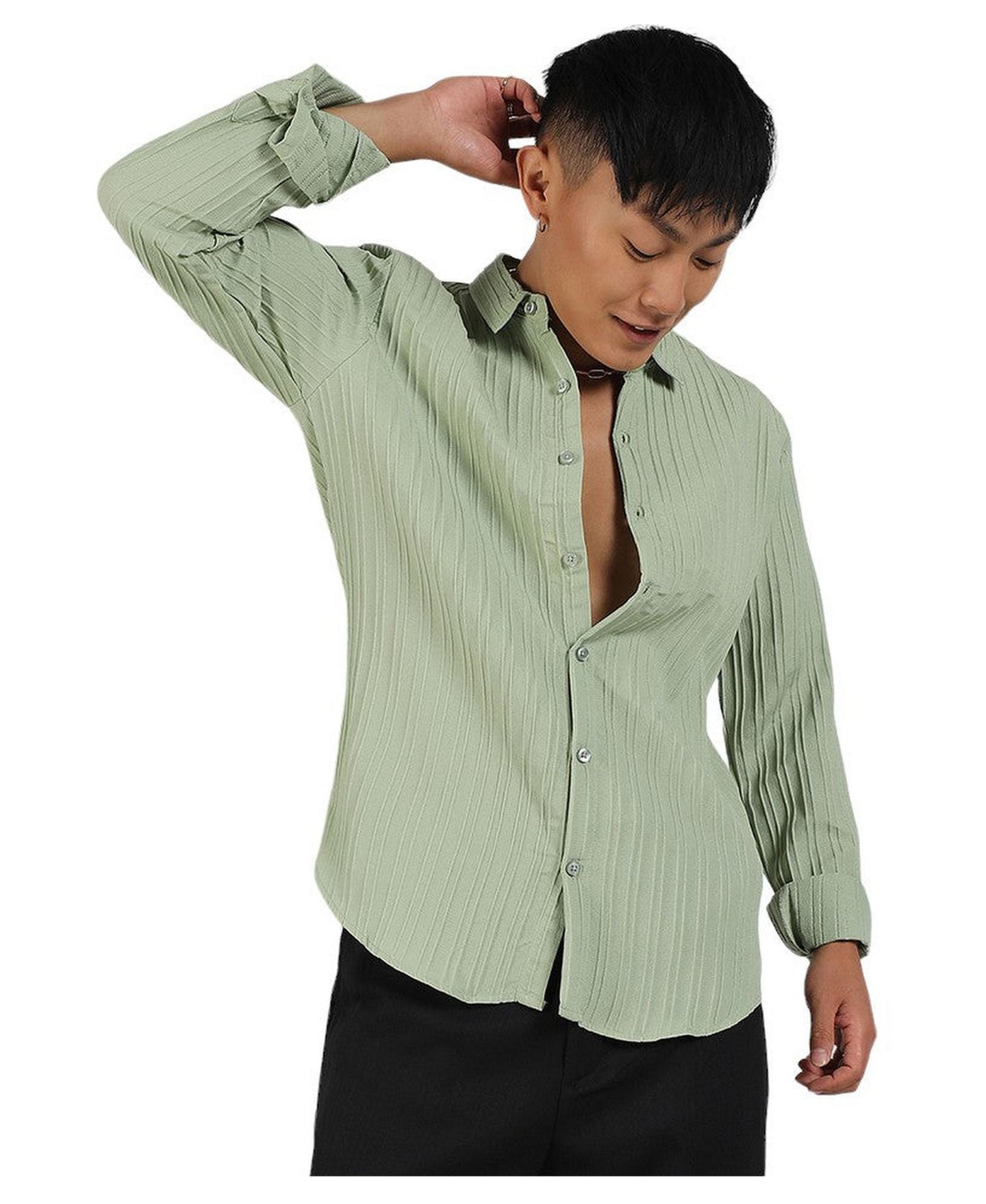 Мужская рубашка Cahoot Campus Sutra Pistachio Green Self-Design Striped, цвет: Зелёный — фото 1
