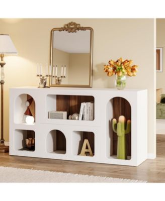 59" White Console Table, Modern Entryway Table, Wooden Storage Organizer Entrance Table with 6 Compartments, Long Sofa Table