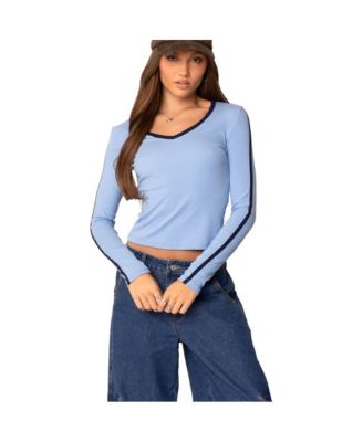 Womens Contrast V Neck Long Sleeve T Shirt