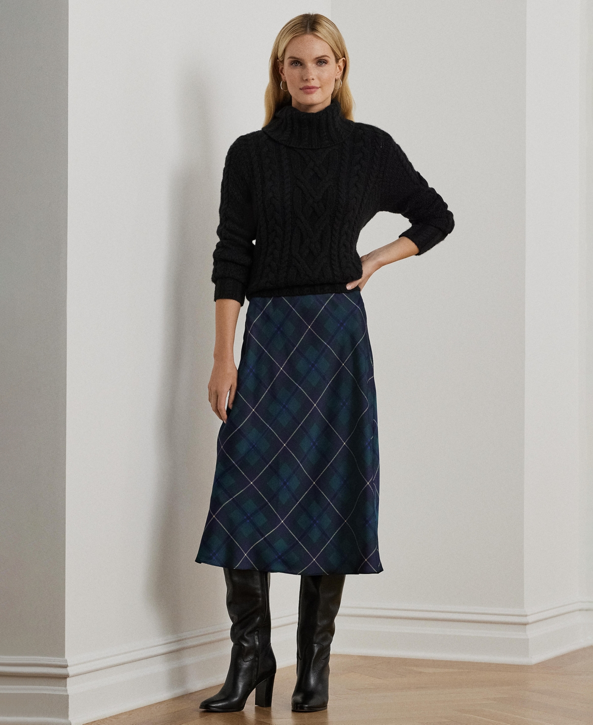 Lauren Ralph Lauren Women's Plaid Satin Charmeuse Midi Skirt