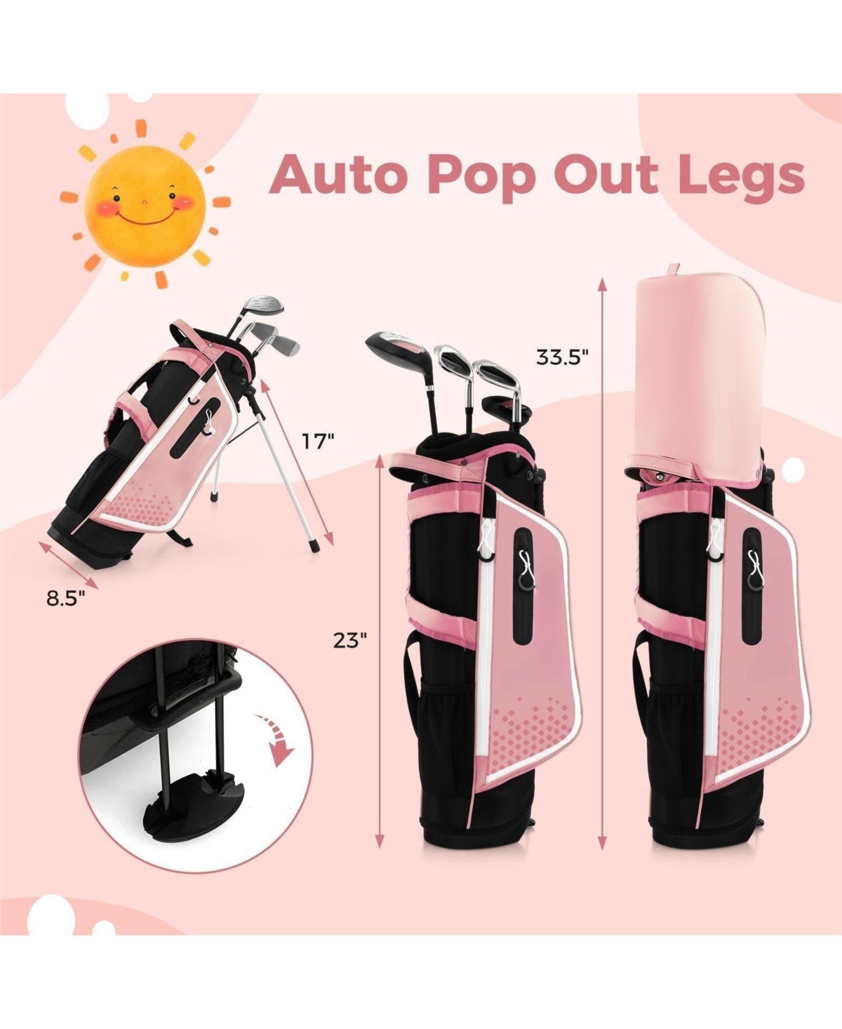 Skonyon Junior Complete Golf Club Set Right Hand with Rain Hood for Kids- Pink